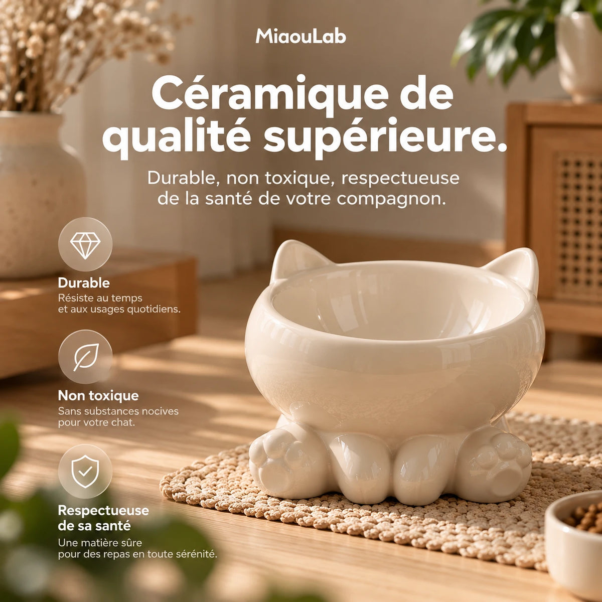 La gamelle en céramique émaillée crème, posée sur un set de table tressé