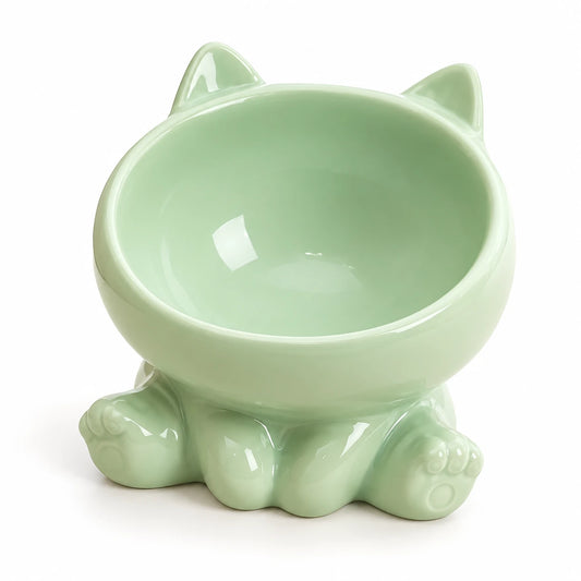 Gamelle en céramique vert menthe en forme de chat, avec ses oreilles et ses quatre pattes