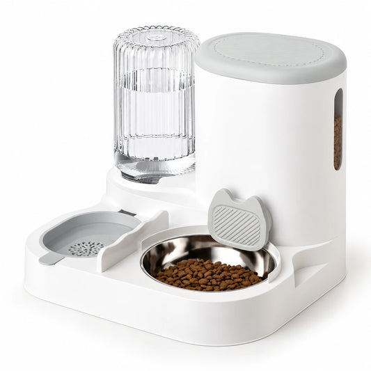 Station repas pour chat avec son réservoir d’eau transparent, son réservoir de croquettes et sa coupe en inox