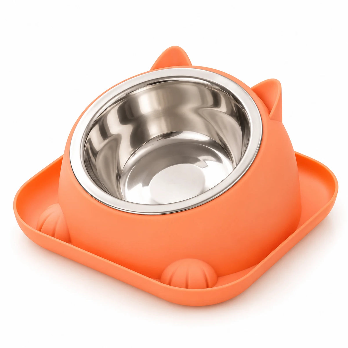 Gamelle inclinée orange, vue de trois quarts avec son bol en inox