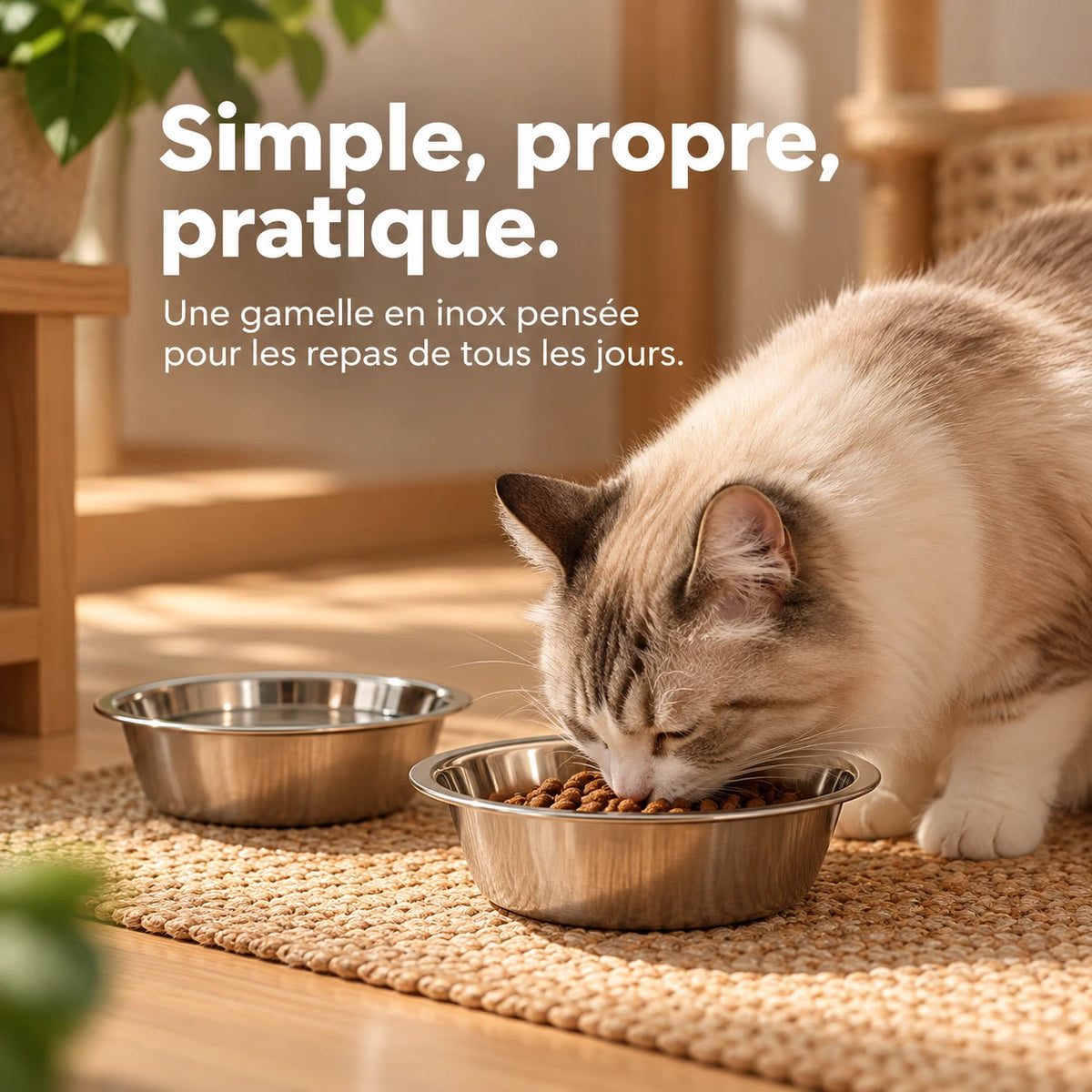 Chat mangeant ses croquettes dans un bol en inox posé sur un tapis tressé