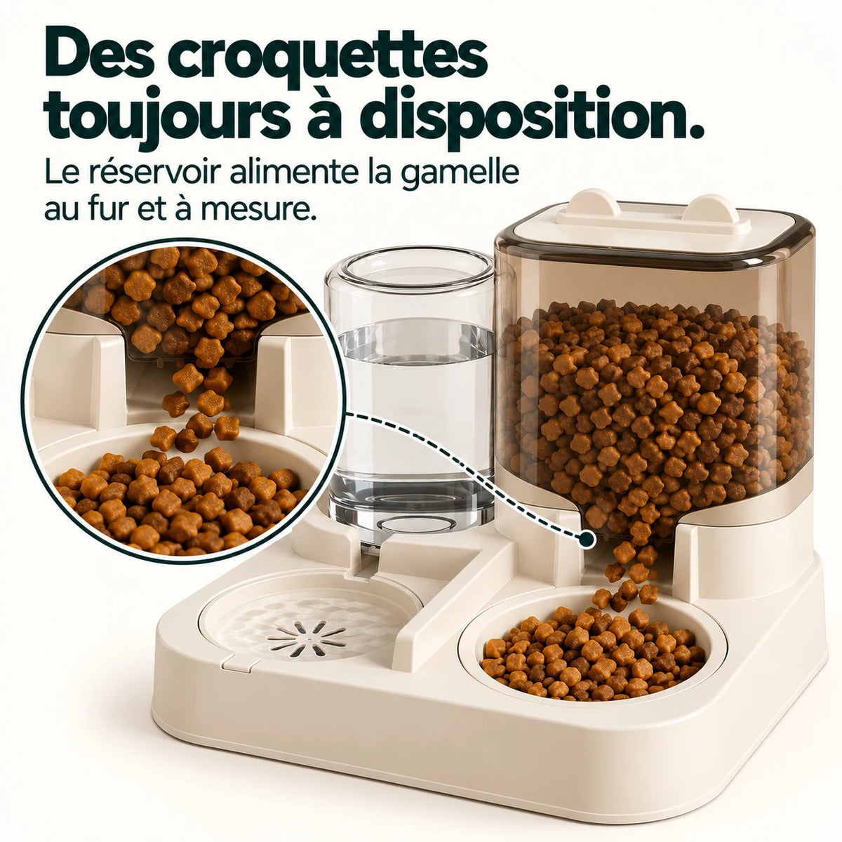 Infographie : gros plan sur les croquettes qui descendent du réservoir vers la coupe