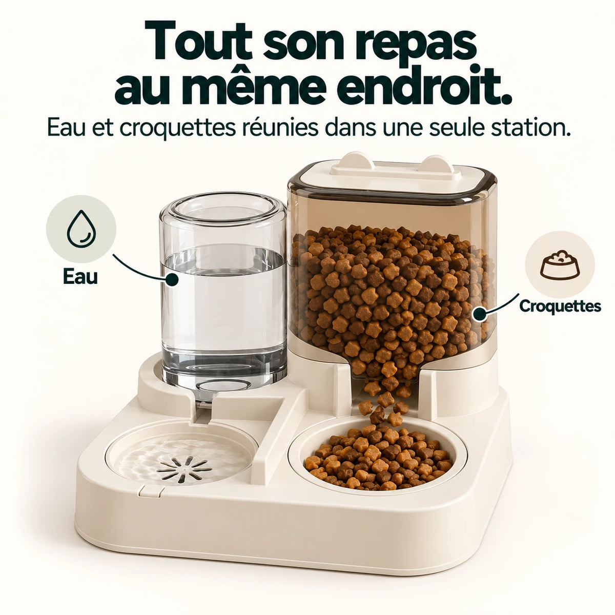Infographie : les deux réservoirs de la gamelle crème, l'eau à gauche et les croquettes à droite