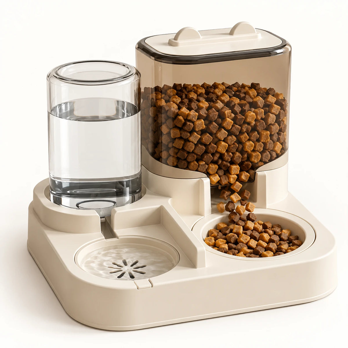 Gamelle pour chat crème à réservoir transparent de croquettes, vue de trois quarts
