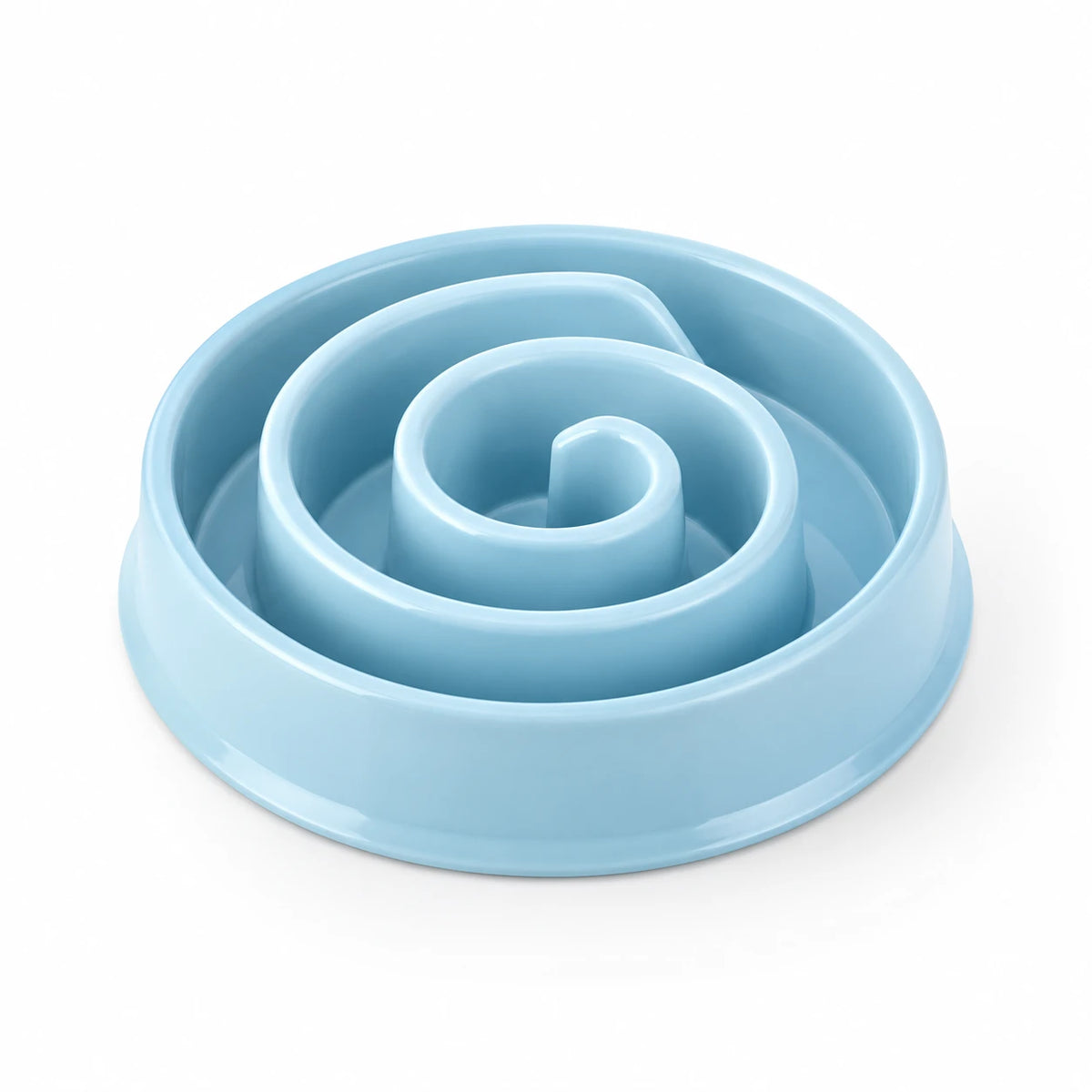 Gamelle anti-glouton bleue à parcours en spirale, vue de trois quarts
