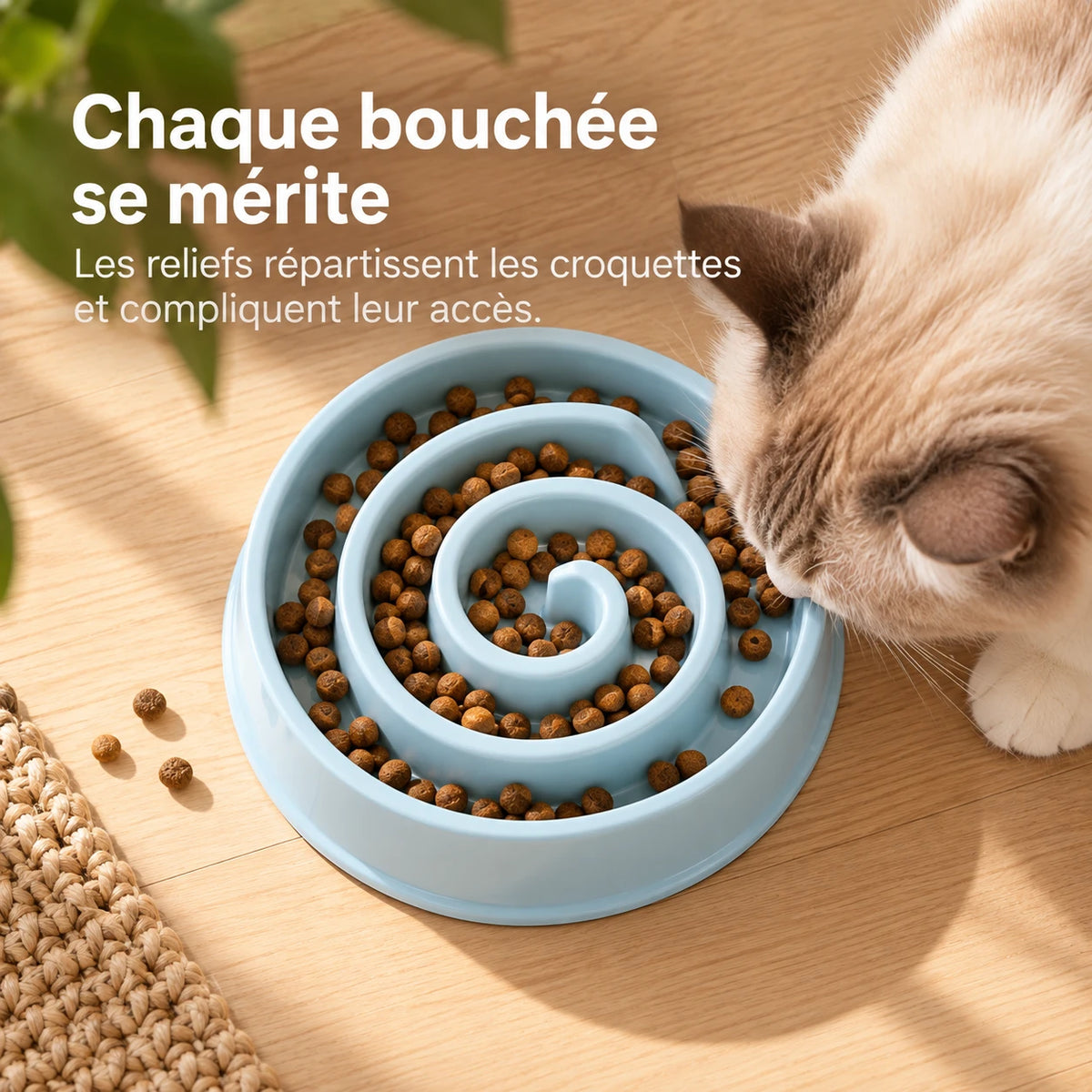 Vue plongeante des croquettes réparties le long du couloir en spirale de la gamelle bleue