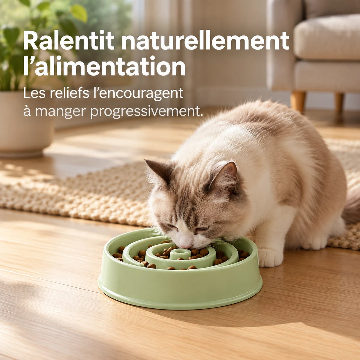 Chat mangeant ses croquettes dans la gamelle spirale verte posée sur un parquet