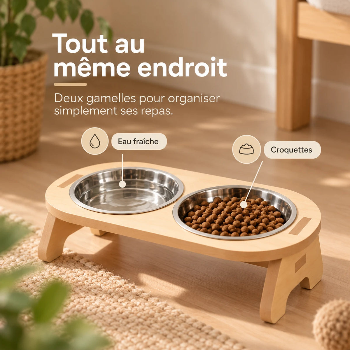 Format Duo en situation, un bol d'eau et un bol de croquettes réunis sur le même plateau