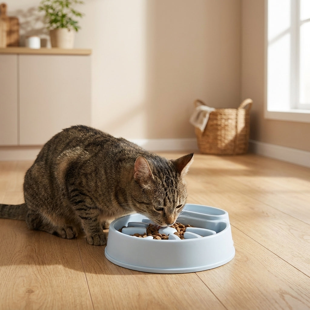Chat tigré mangeant ses croquettes dans la gamelle anti-glouton MiaouLab bleue