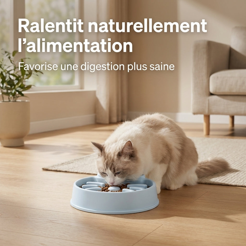 Chat blanc et roux mangeant lentement dans la gamelle anti-glouton MiaouLab