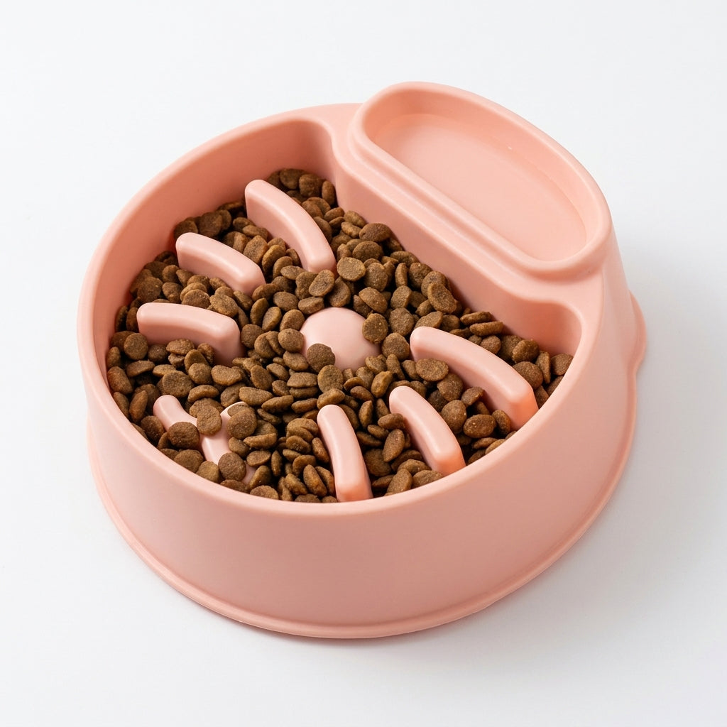 Gamelle anti-glouton rose remplie de croquettes, reliefs visibles entre les croquettes