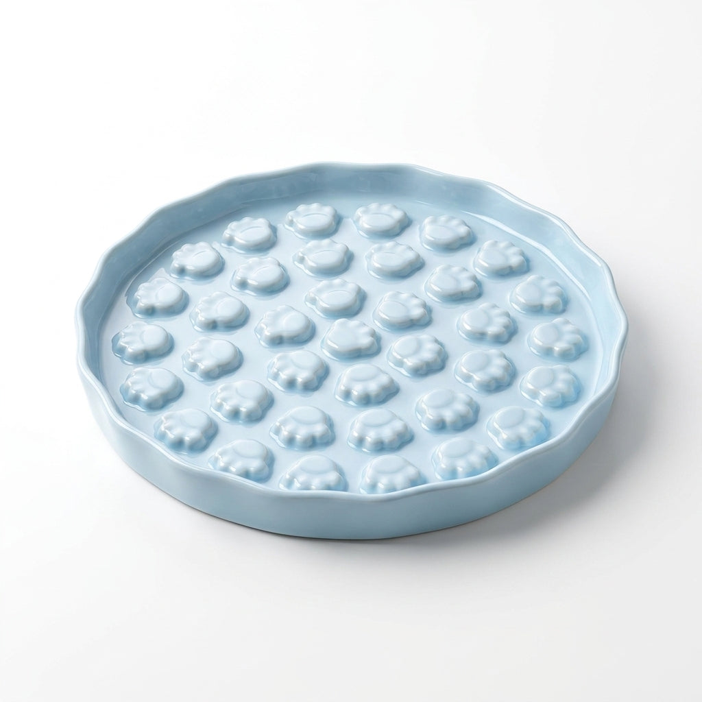 Gamelle anti-glouton MiaouLab en céramique bleue, vue de trois quarts