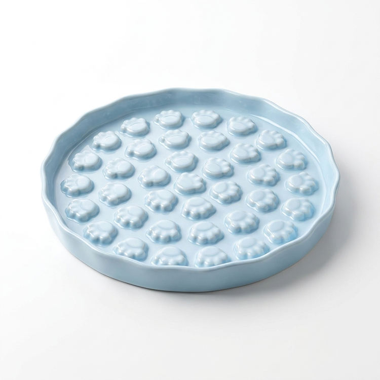 Gamelle anti-glouton MiaouLab en céramique bleue, vue de trois quarts