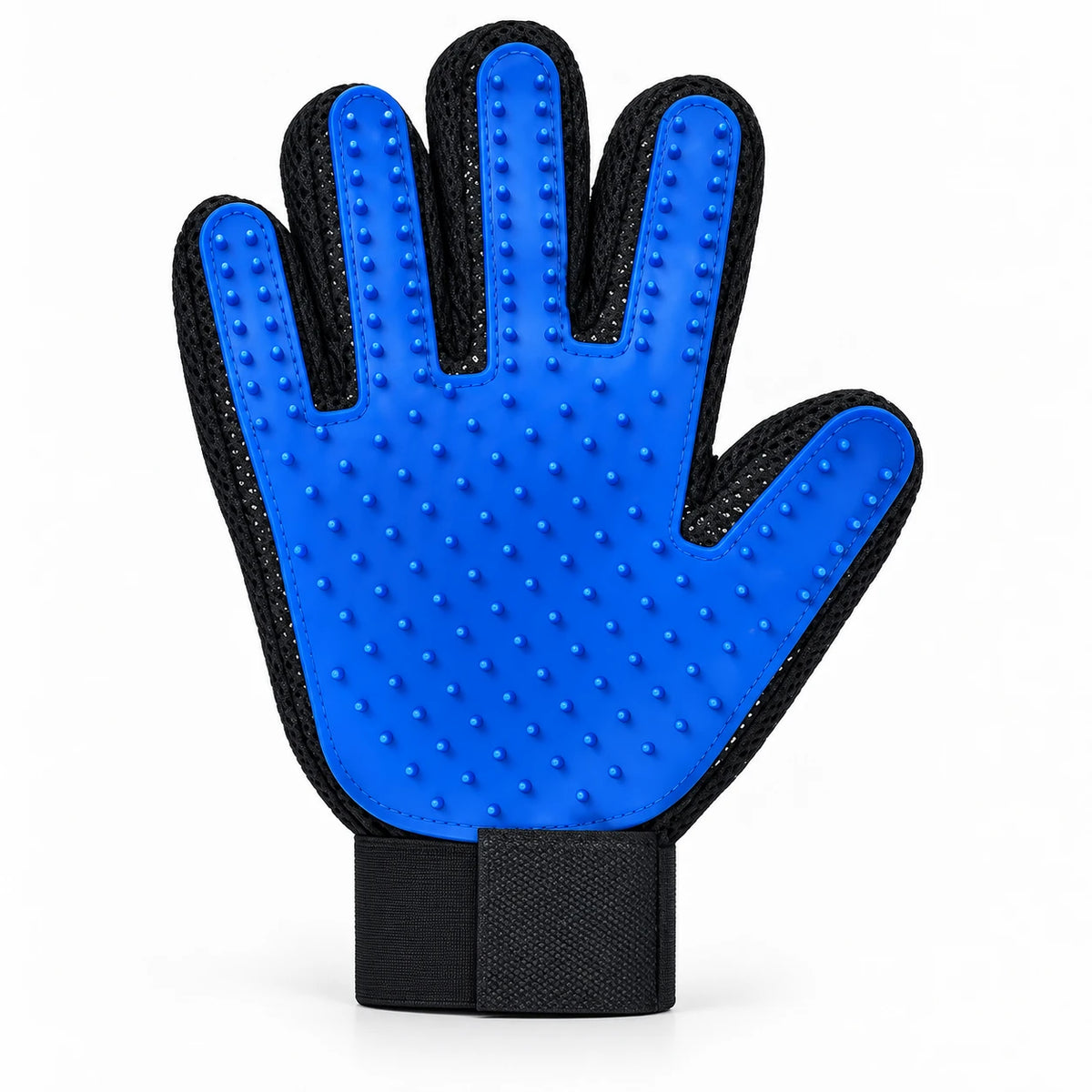Gant de toilettage pour chat en coloris bleu, paume couverte de picots arrondis