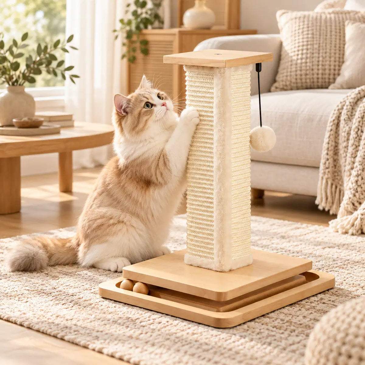 Un chat roux dressé qui griffe la colonne du griffoir, posé sur un tapis dans un salon
