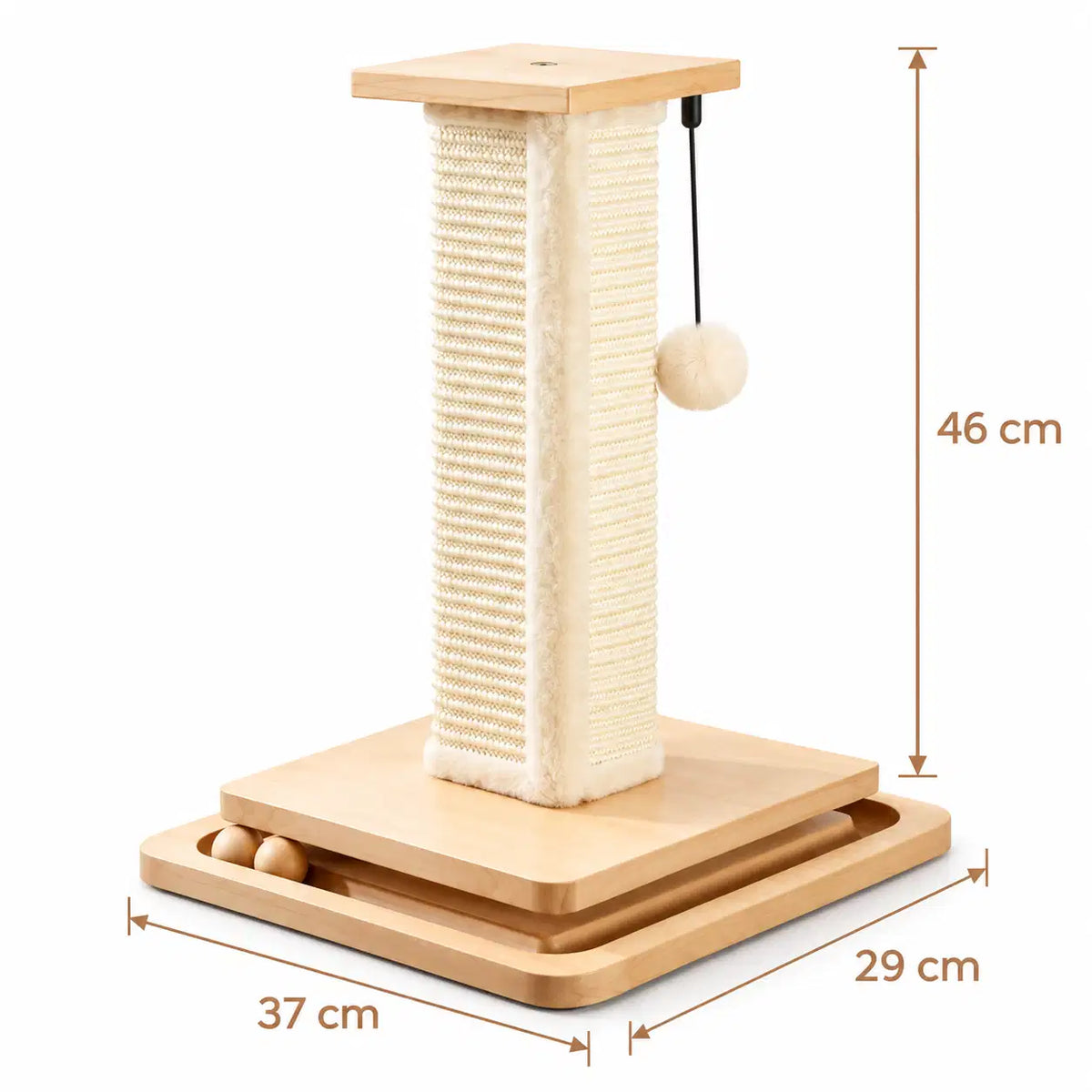 Dimensions du griffoir : 46 cm de hauteur, socle de 37 cm par 29 cm