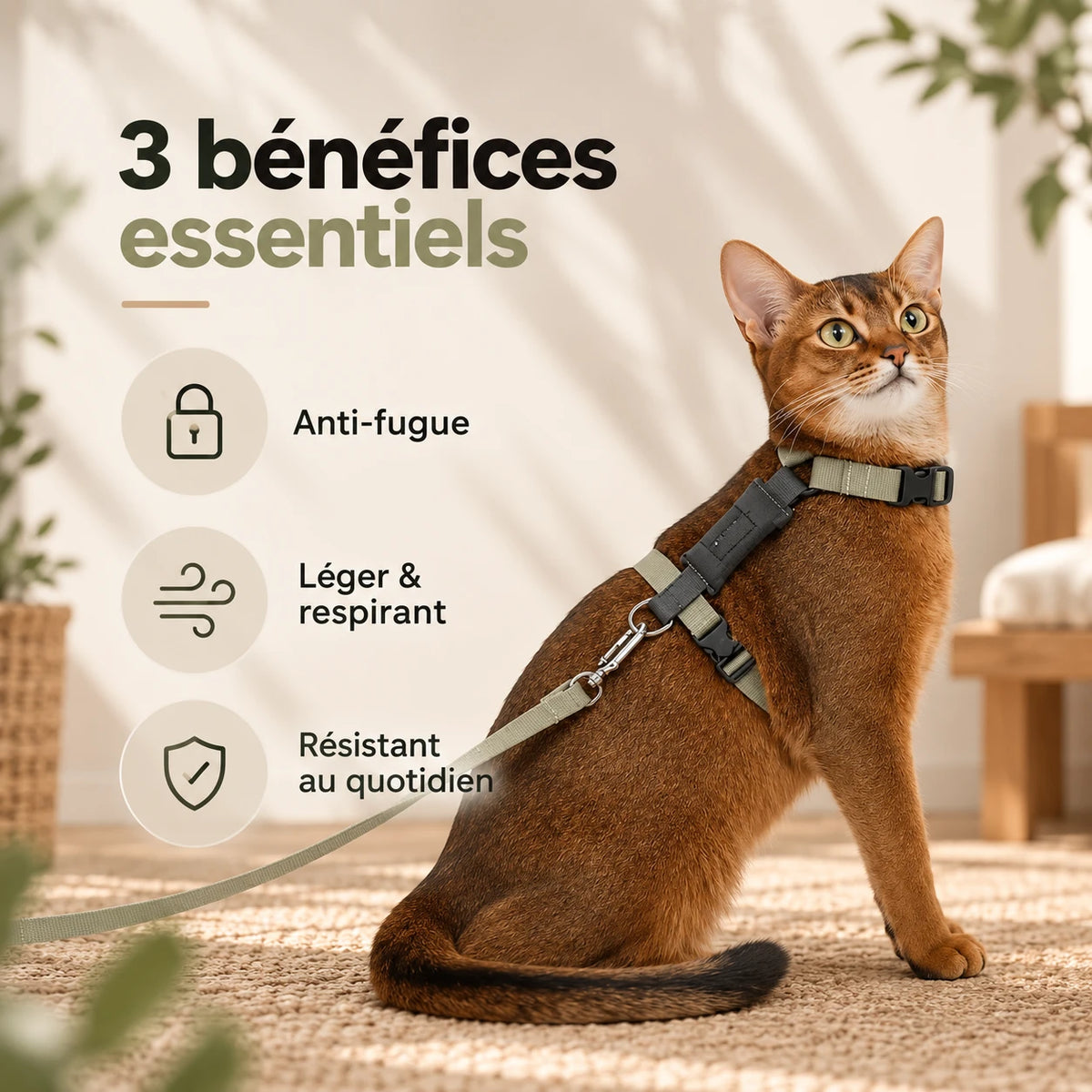 Chat assis portant le harnais en H : sangles légères, respirantes et résistantes