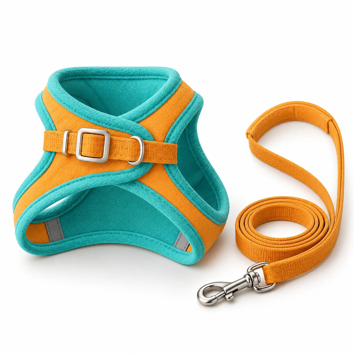 Harnais gilet pour chat turquoise à doublure orange, avec sa laisse assortie orange