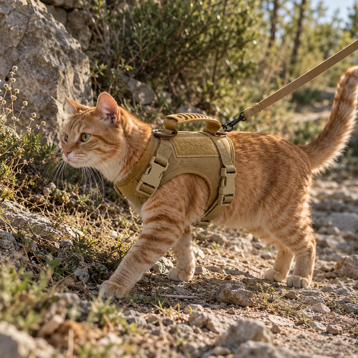 Chat roux en balade sur un sentier caillouteux, harnais beige et laisse tendue