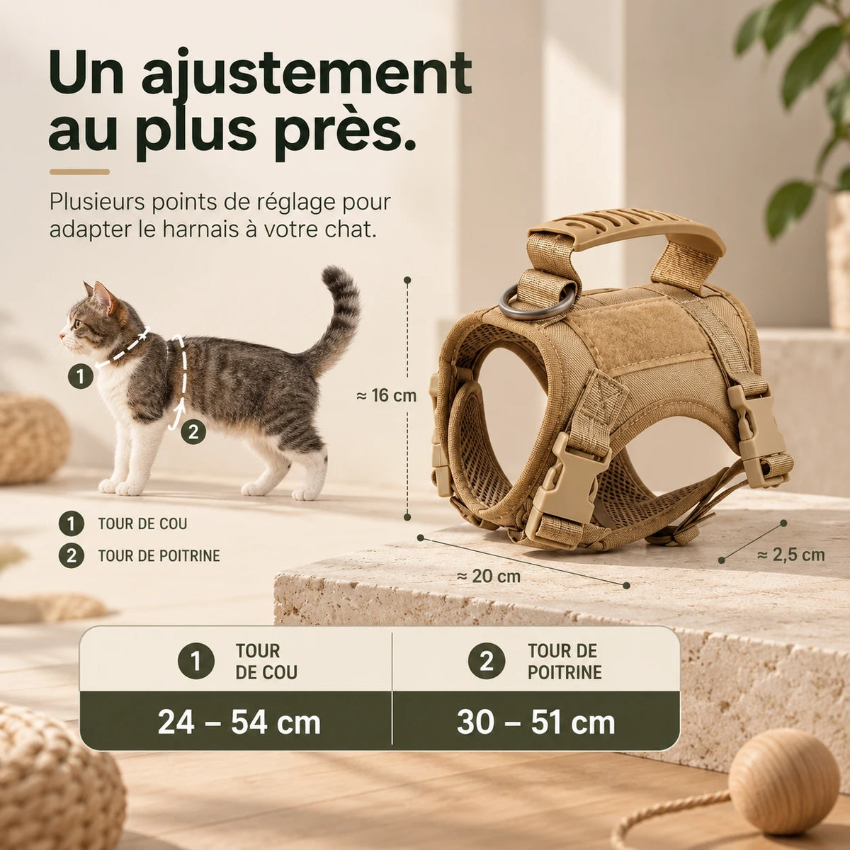 Où mesurer le tour de cou et le tour de poitrine : 24 à 54 cm et 30 à 51 cm