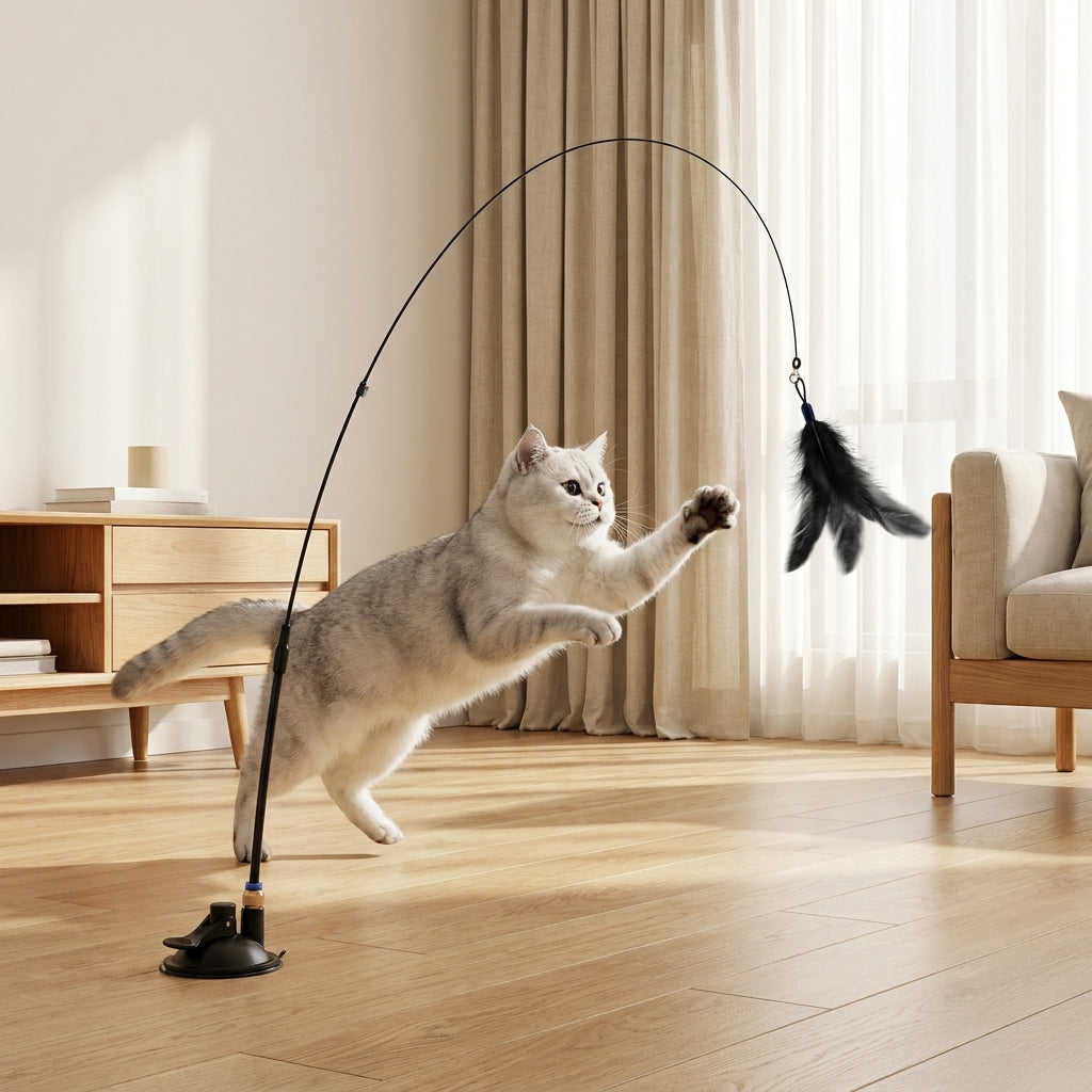 Chat tigré bondissant pour attraper la plume du jouet interactif MiaouLab
