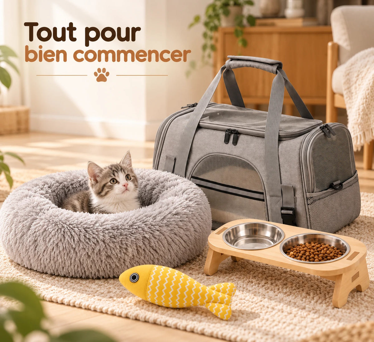 Chaton installé dans le panier rond, à côté du sac de transport, de la gamelle et du jouet