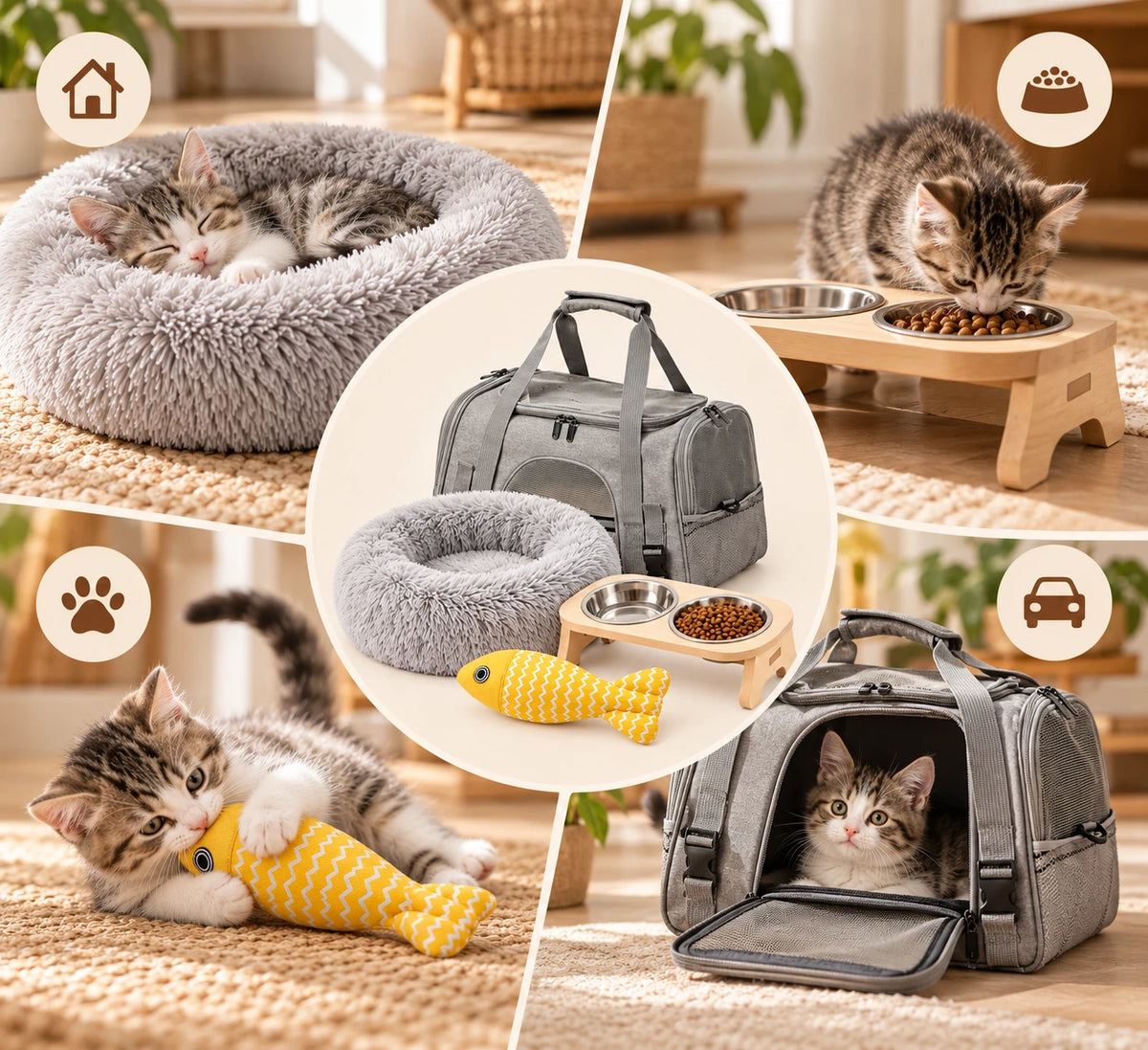 Les quatre produits en usage : chaton endormi dans le panier, mangeant à la gamelle, jouant avec le poisson et installé dans le sac