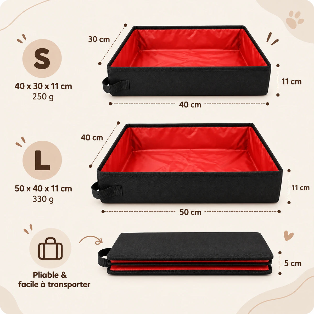 Dimensions : taille S 40 x 30 x 11 cm et 250 g, taille L 50 x 40 x 11 cm et 330 g, 5 cm une fois pliée