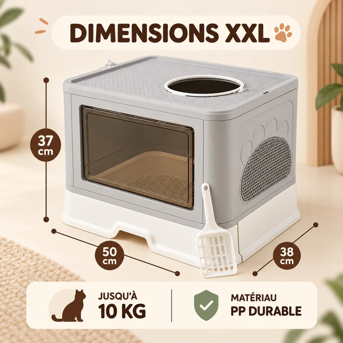 Dimensions de la maison de toilette : 50 cm de large, 38 cm de profondeur, 37 cm de haut, jusqu’à 10 kg, matériau PP
