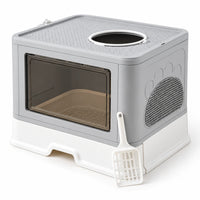Maison de toilette fermée pour chat, grise et blanche, porte avant transparente et pelle incluse