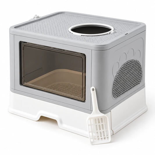 Maison de toilette fermée pour chat, grise et blanche, porte avant transparente et pelle incluse
