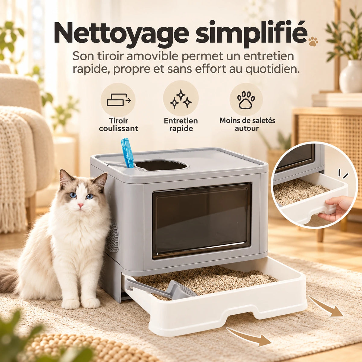 Le tiroir à litière coulissant sorti par le bas de la maison de toilette, un chat assis à côté