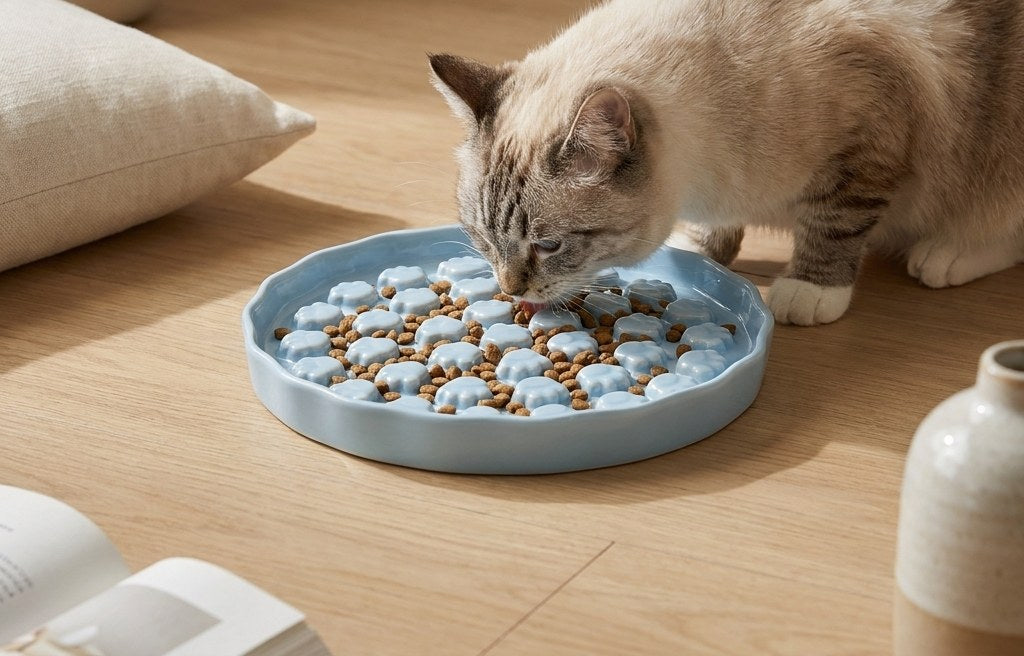 Chat crème attrapant ses croquettes entre les reliefs de la gamelle anti-glouton en céramique