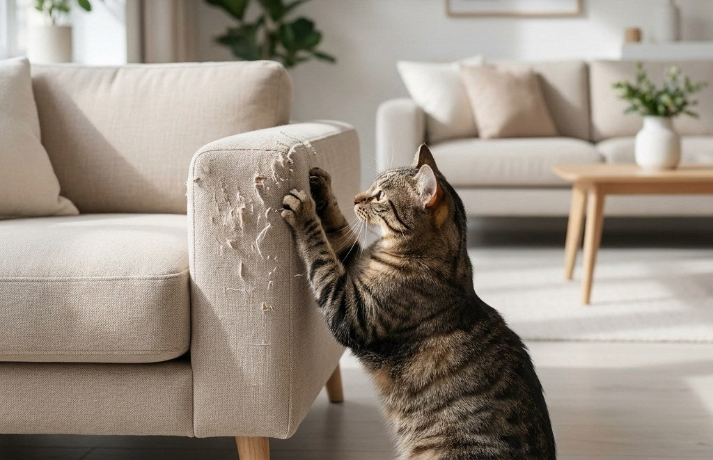 Chat tigré griffant l’accoudoir d’un canapé beige déjà abîmé