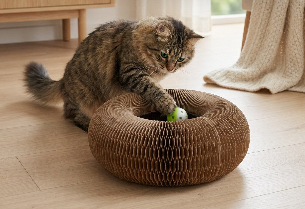 Chat tigré attrapant la balle intégrée au rail du griffoir donut MiaouLab