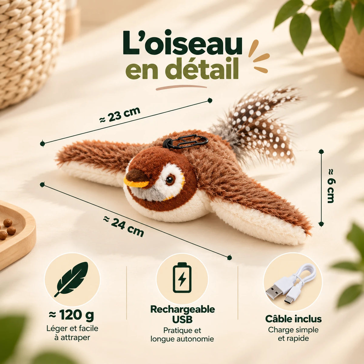 Infographie : dimensions du jouet oiseau, environ 24 sur 23 cm et 6 cm de haut, poids 120 g