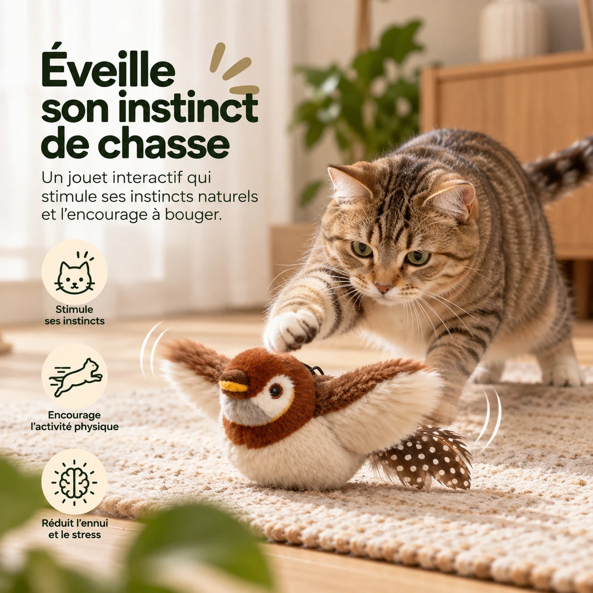 Infographie : un chat bondissant sur le jouet oiseau, instinct de chasse et activité physique