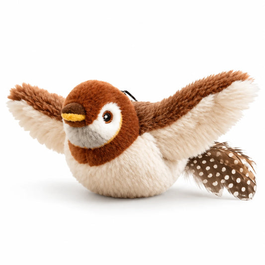 Jouet oiseau en peluche brun et crème pour chat, ailes déployées et plumes tachetées à la queue