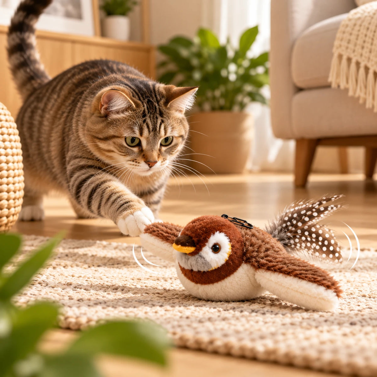 Chat tigré tendant la patte vers le jouet oiseau posé sur un tapis de salon
