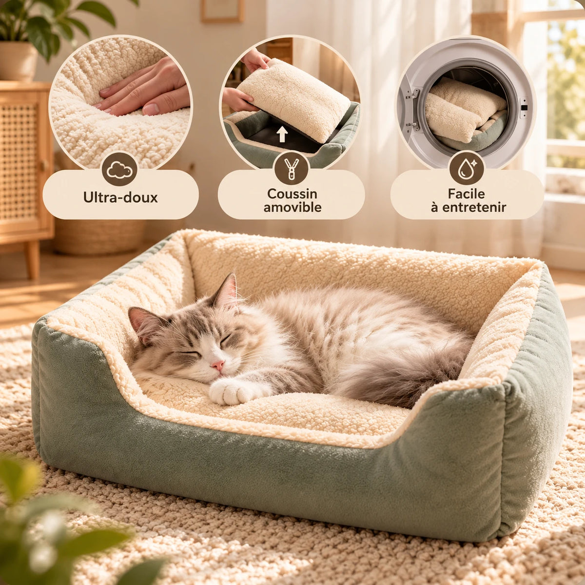 Trois pictogrammes du panier rectangulaire pour chat, dont le coussin amovible