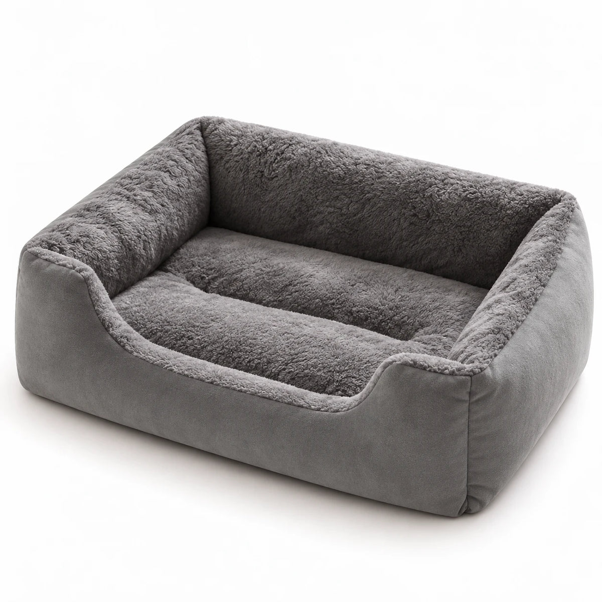 Panier rectangulaire pour chat gris, intérieur en peluche bouclée grise et coussin amovible