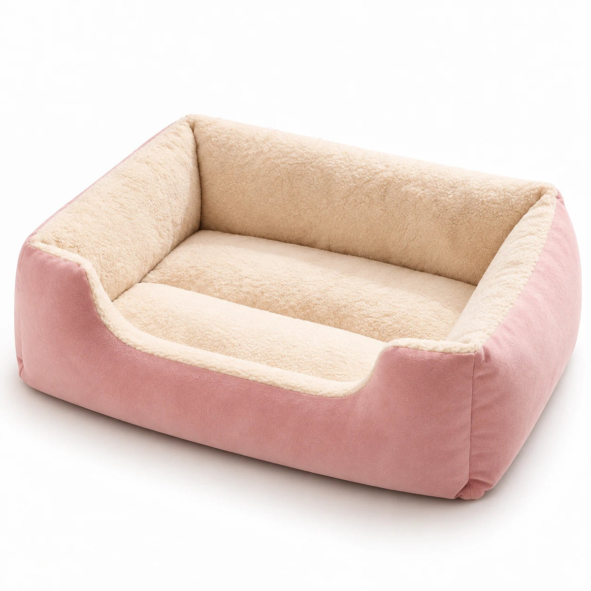 Panier rectangulaire pour chat rose, intérieur en peluche bouclée écrue et coussin amovible