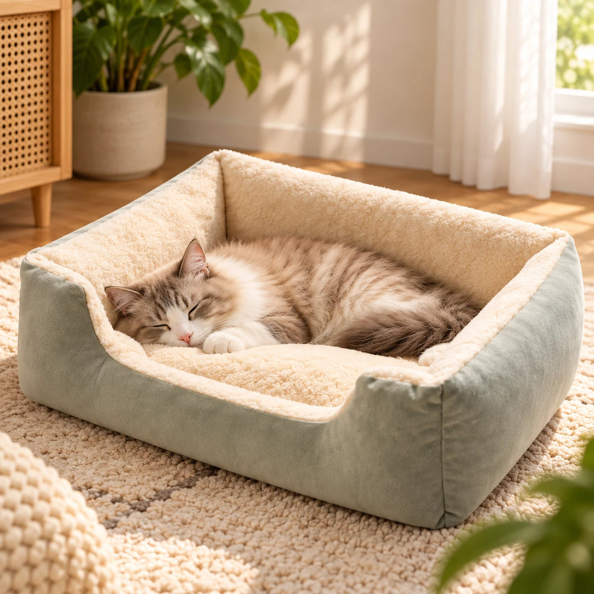 Chat endormi dans le panier rectangulaire vert sauge posé sur un tapis, dans un salon