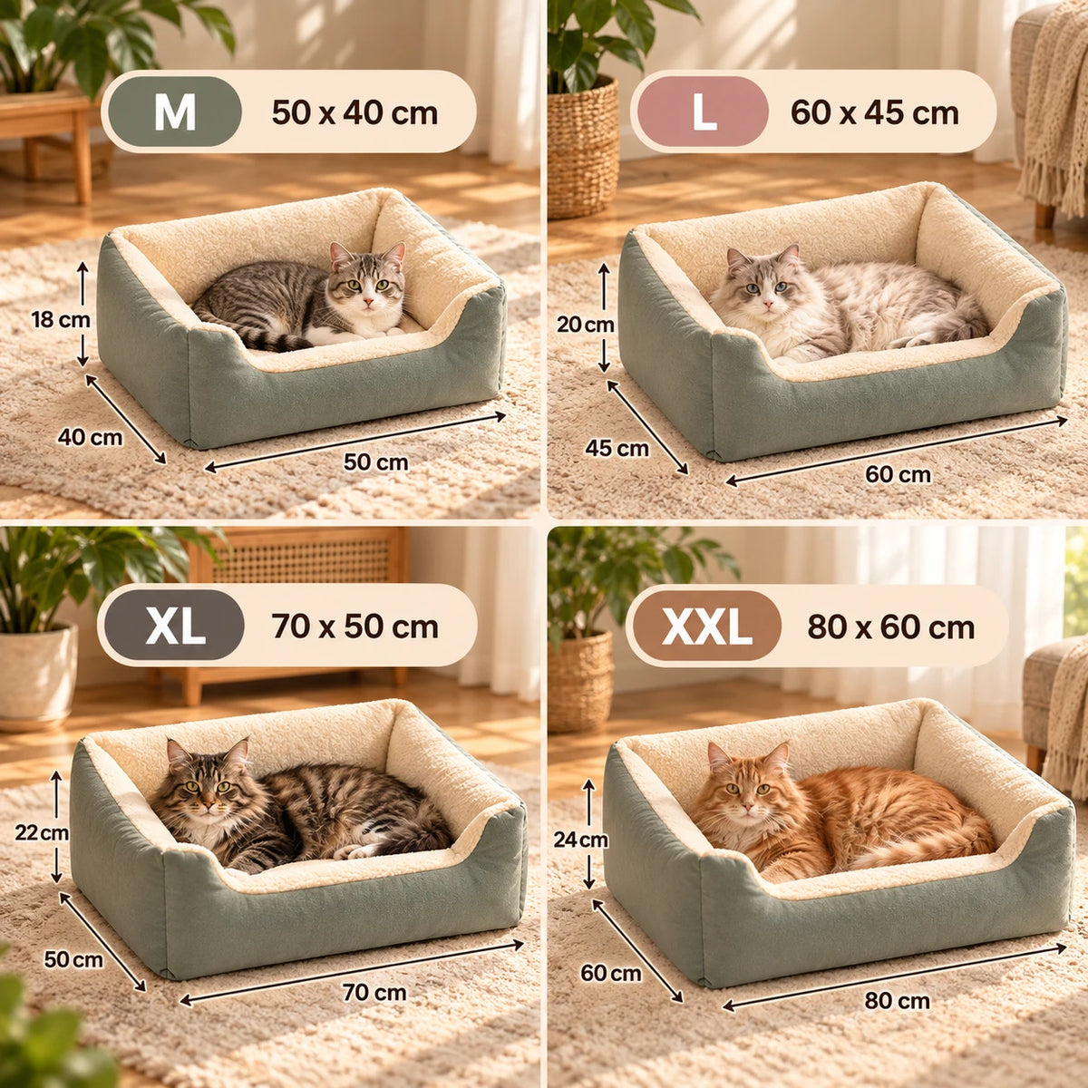 Schéma des quatre tailles du panier rectangulaire pour chat, de 50 x 40 cm à 80 x 60 cm