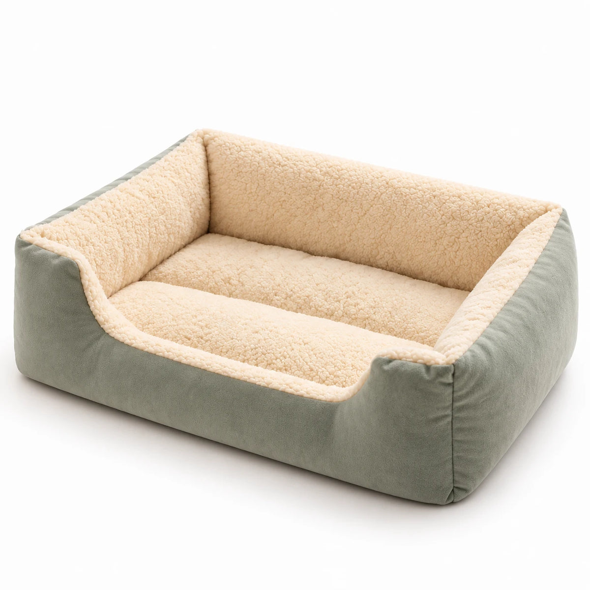Panier rectangulaire pour chat vert sauge, intérieur en peluche bouclée écrue et coussin amovible