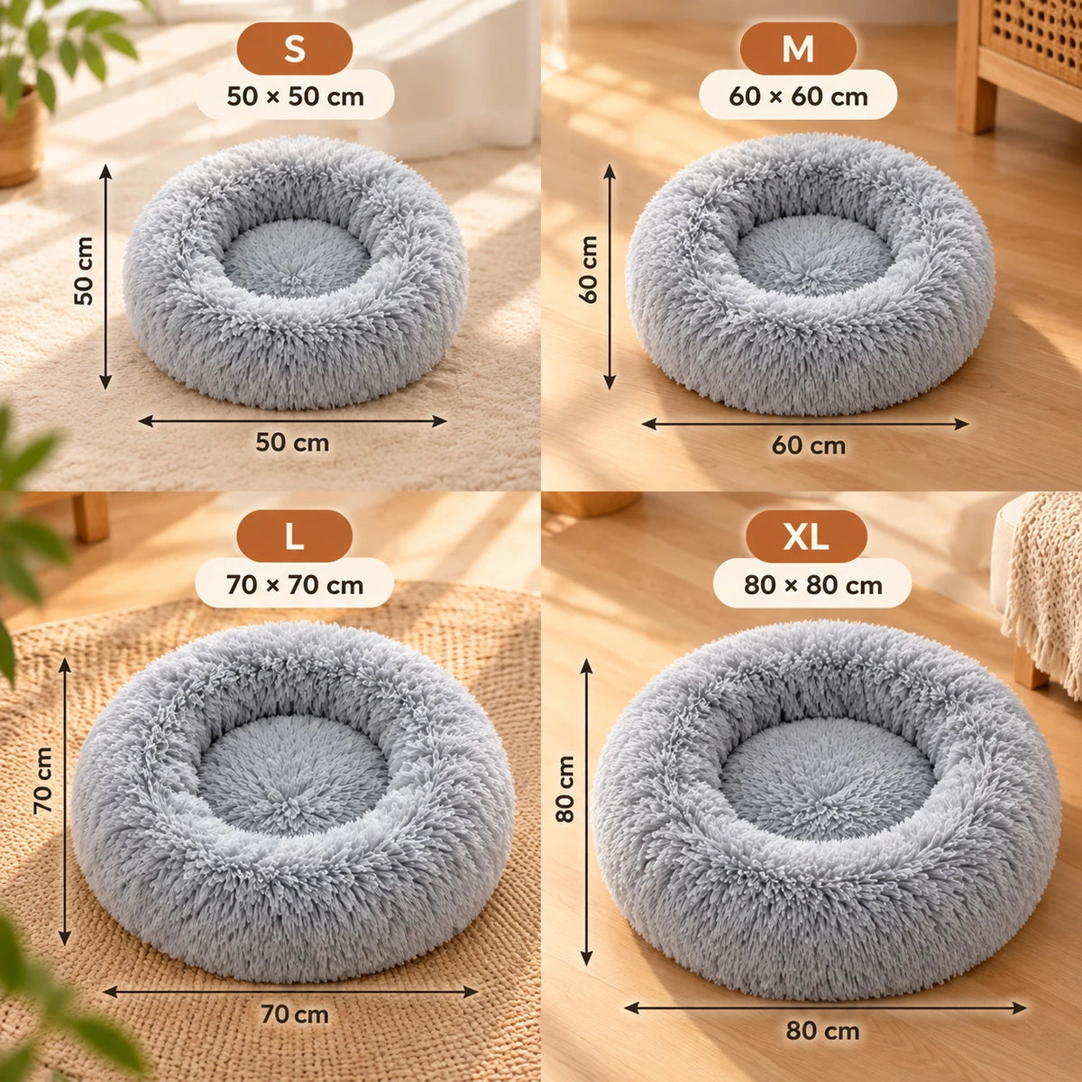 Les quatre tailles du panier côte à côte : S 50 cm, M 60 cm, L 70 cm et XL 80 cm de diamètre