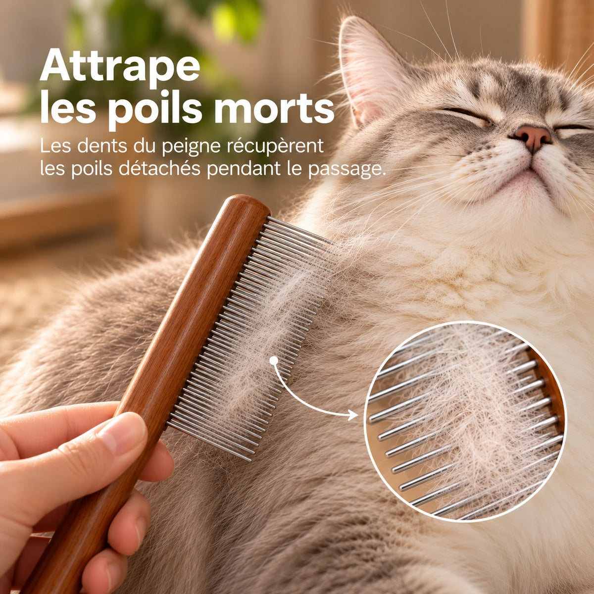 Gros plan sur les dents du peigne qui retiennent les poils détachés du pelage d'un chat