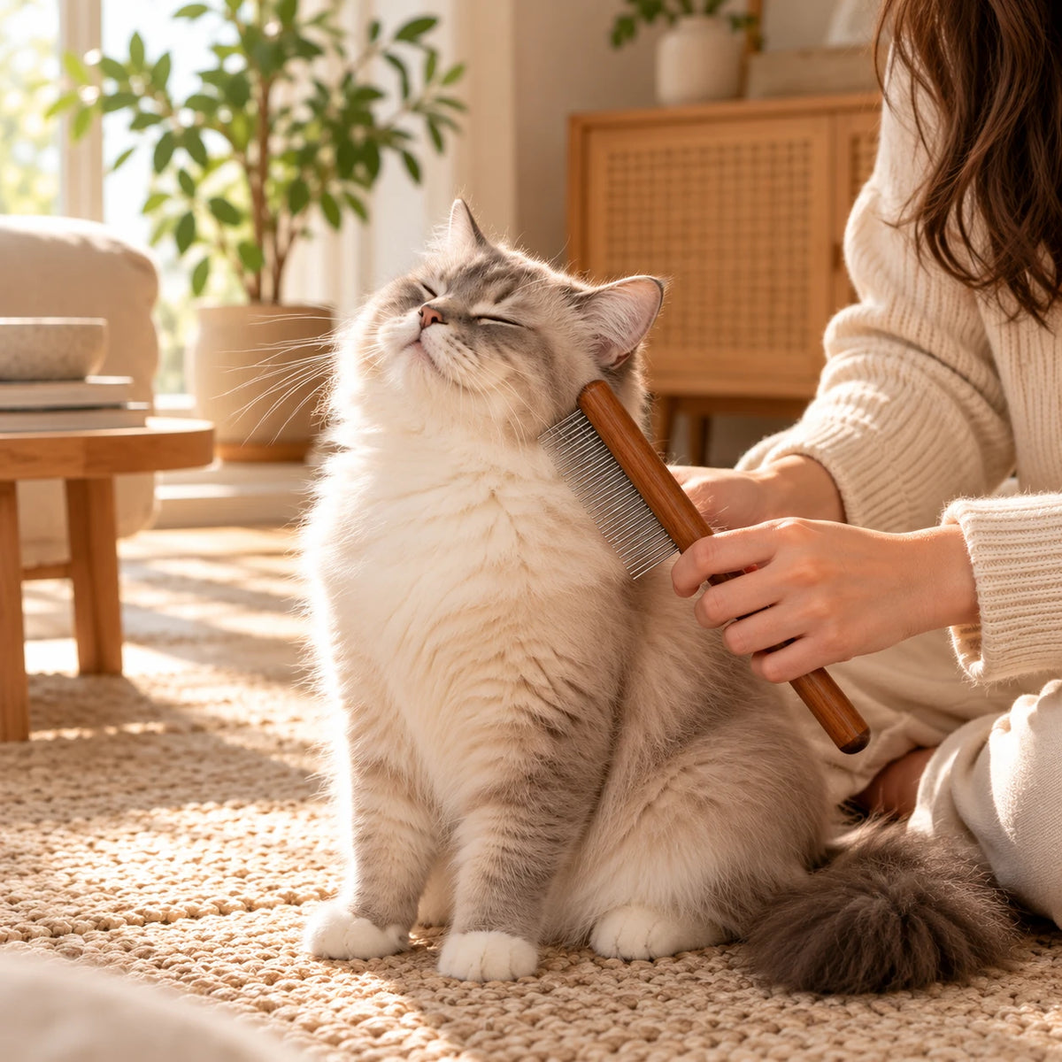Chat gris et blanc peigné sur un tapis, la tête relevée vers le peigne
