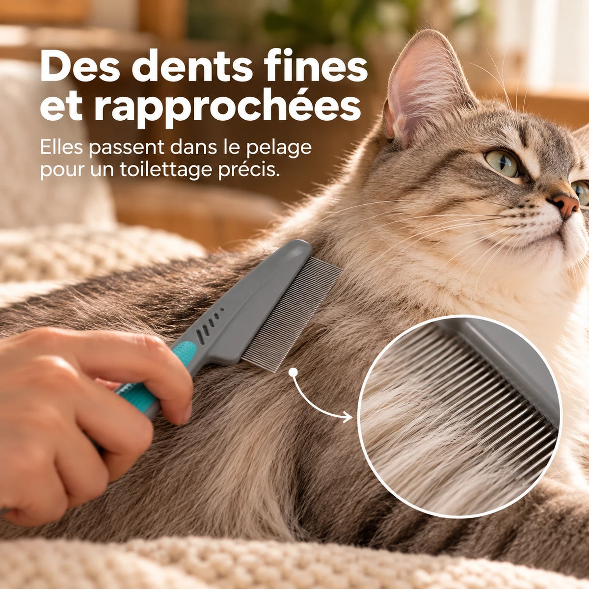 Les dents du peigne passées dans le pelage d'un chat, avec un agrandissement sur leur écartement