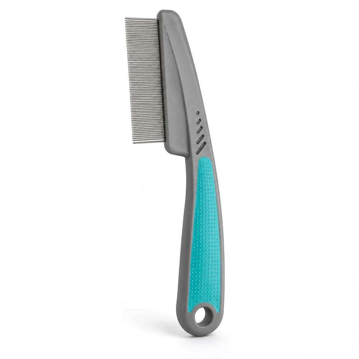 Peigne fin pour chat, tête rectangulaire à dents métalliques serrées et manche gris à zone turquoise